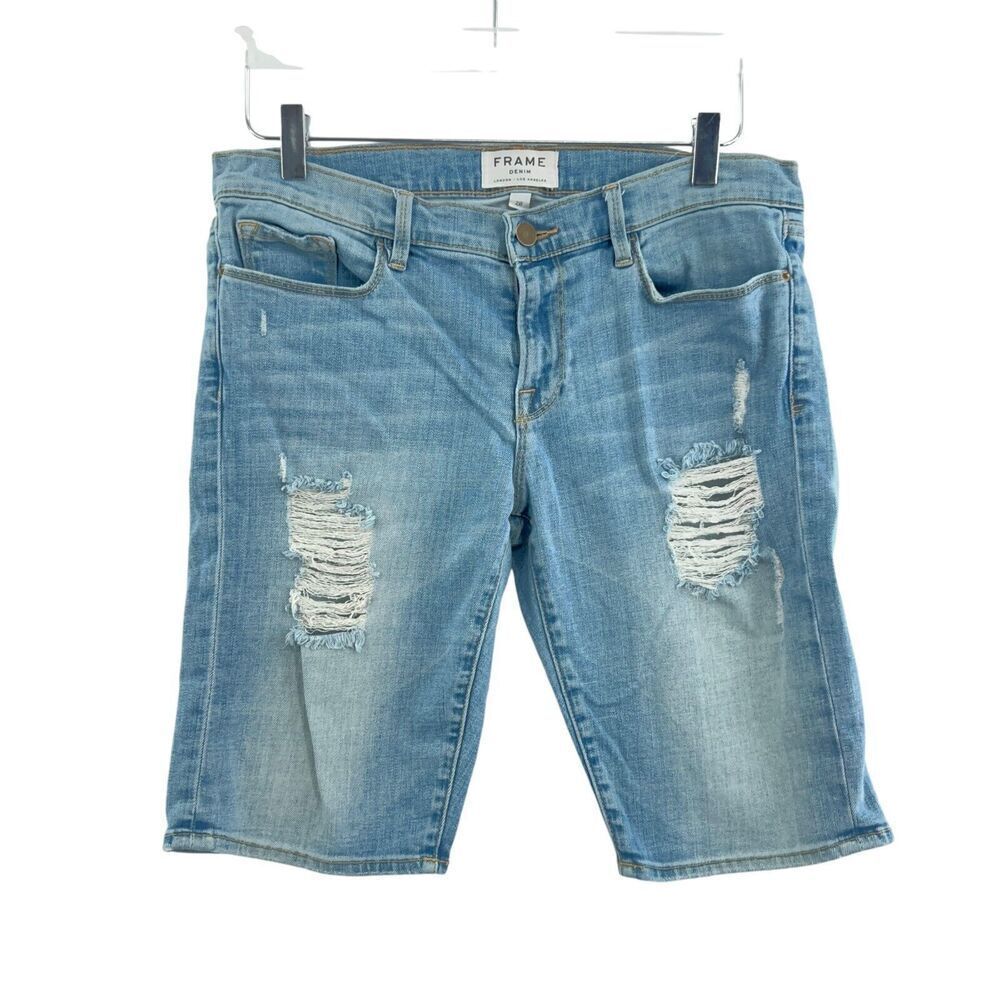FRAME Le Grand Garcon Blue Denim Distressed Cut Off Bermuda Shorts Size 28